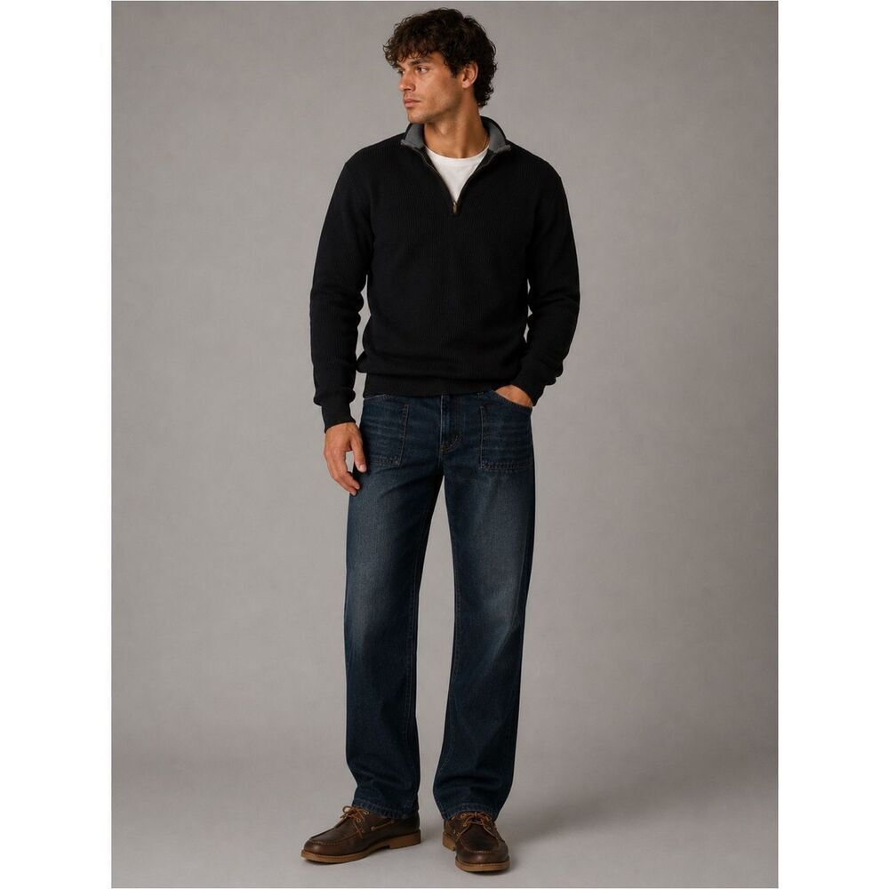Izod Solid Black Pull Over V Neck Zip Up Casual Sweater 100% Cotton size M